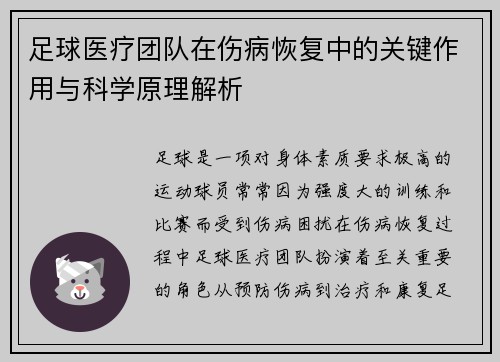 足球医疗团队在伤病恢复中的关键作用与科学原理解析