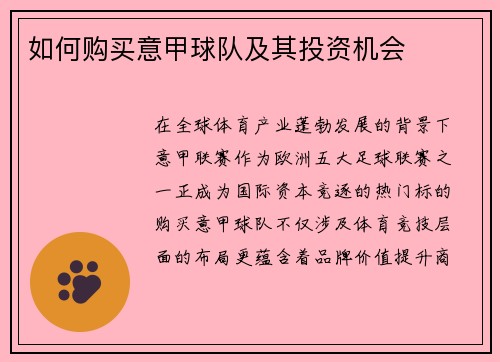 如何购买意甲球队及其投资机会