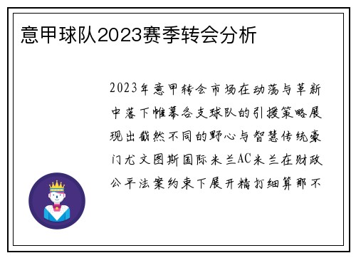意甲球队2023赛季转会分析