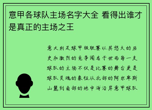 意甲各球队主场名字大全 看得出谁才是真正的主场之王